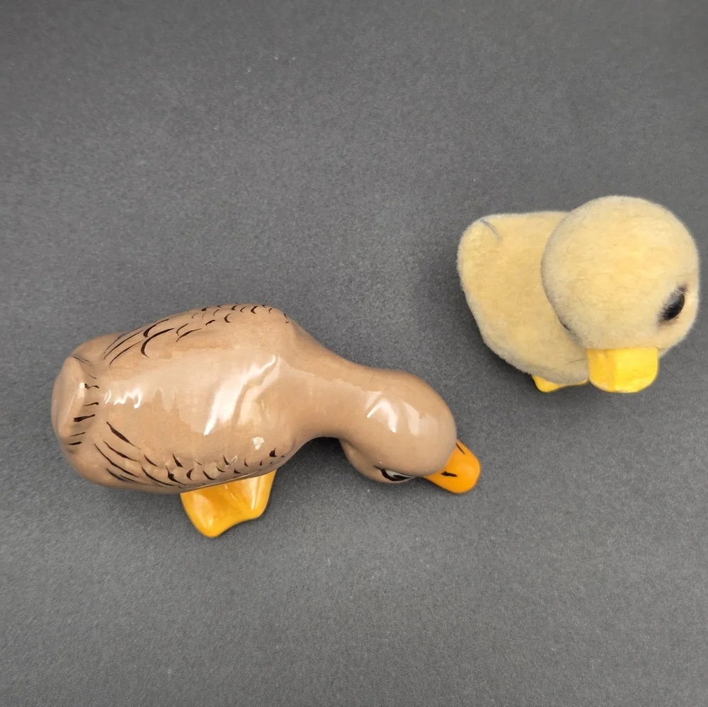 Vintage Inarco Flocked Duckling Figurine Japan & Ceramic Hand Painted Duck